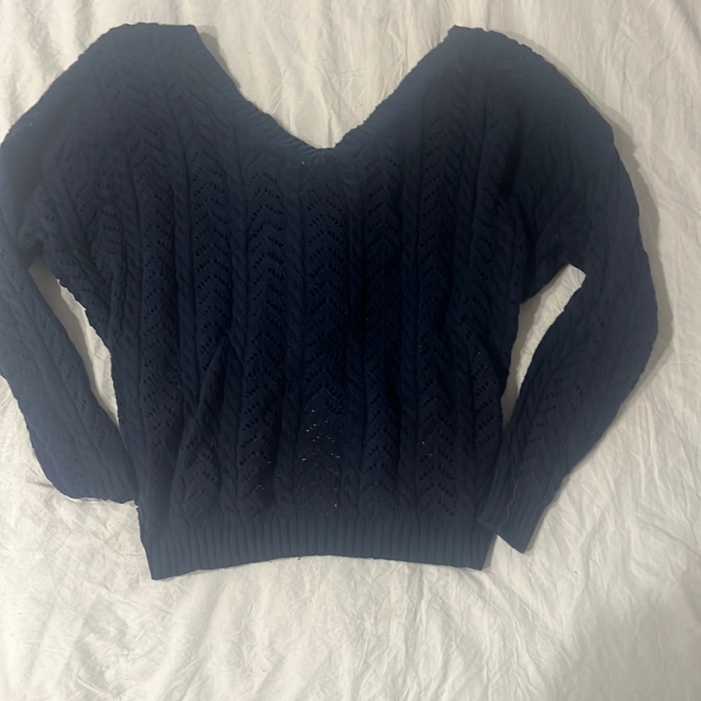 Mi ami navy v neck sweater with a cross cross back